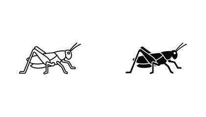 Grasshopper side profile icon showing insect anatomy in minimalist line art and solid black silhouette styles for nature study or pest control branding © Purely