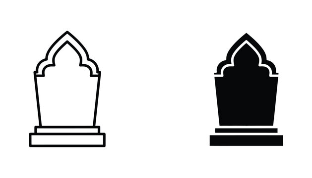 Classic gravestone headstone vector illustration with ornate top in line art and solid black silhouette styles isolated on white for cemetery and memorial design concepts