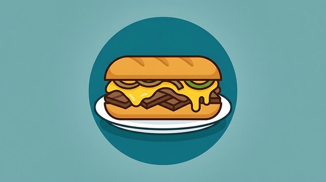 Cartoon cheesesteak sandwich on a white plate teal background