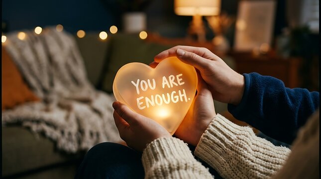 Cozy home interior with person holding glowing heart shaped sign saying you are enough