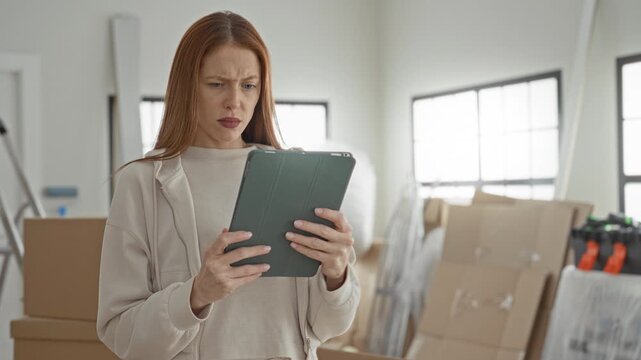 Woman holding tablet and frowning amid cardboard boxes and ladder in building; frustration logistics.