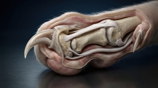 The details of claw retraction in a pets paw, highlighting the anatomy and physiology involved in this process.