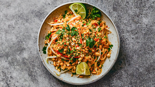 Authentic Thai Pad Thai in a ceramic bowl, topped with crushed peanuts, bean sprouts, cilantro, and lime wedges. High-quality food photography on a rustic stone background. Perfect for menus.