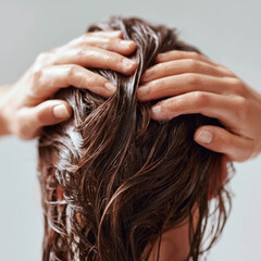 Naklejka premium Close up of person applying nourishing hair treatment cream onto wet hair during care routine
