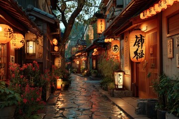 Fototapeta premium Enchanting Evening in a Traditional Japanese Alleyway