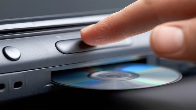 Close up of finger pressing eject button on modern DVD player with compact disc tray open