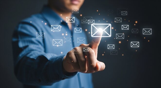 Man touching glowing email icon with digital envelopes floating around, business communication concept