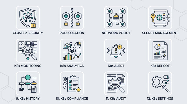 Kubernetes security and management icons set for cloud infrastructure.