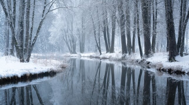 Serene winter landscape featuring frost-covered trees reflected in a calm river winding through a quiet snow-blanketed woodland scene at dusk