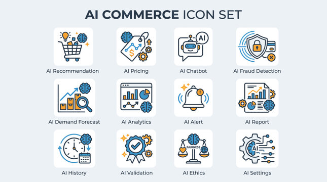 Set of artificial intelligence commerce icons for digital business and data analysis.