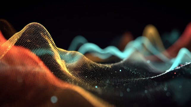 Dynamic flowing waves of colorful particles creating a digital landscape with smooth curves on a dark background for futuristic technology concepts