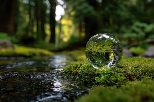 A transparent sphere on vibrant green moss beside a gently flowing forest stream reflecting upside down scenery in a tranquil natural setting with soft sunlight filt