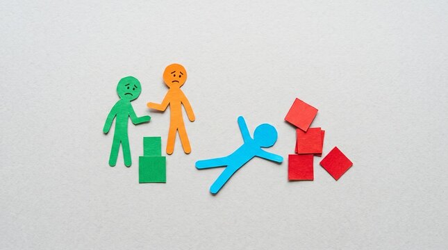 Two sad paper figures watch as a blue peer lies defeated beside a collapsed pile of red blocks. The stark white space emphasizes a heavy, somber feeling of failure and shared grief.