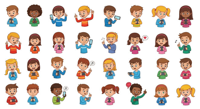 Cartoon children various expressions emotions.