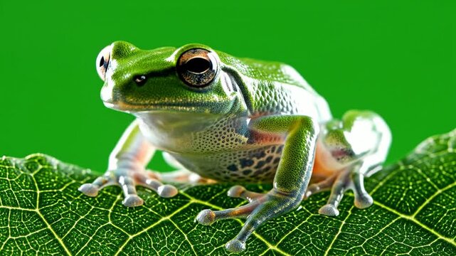 Vibrant Green Tree Frog Perched on Leaf Against Vivid Green Background with Macro Details Ideal for Nature and Wildlife Stock Footage