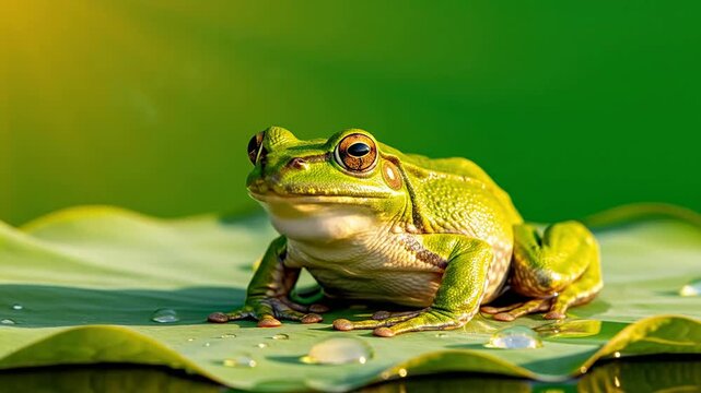 Vibrant Green Tree Frog Sitting Elegantly on a Large Glossy Leaf Surrounded by Lush Green Blurred Background