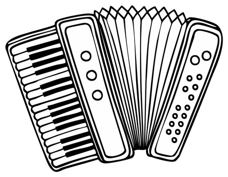 Black and white illustration of an accordion with keys and bellows