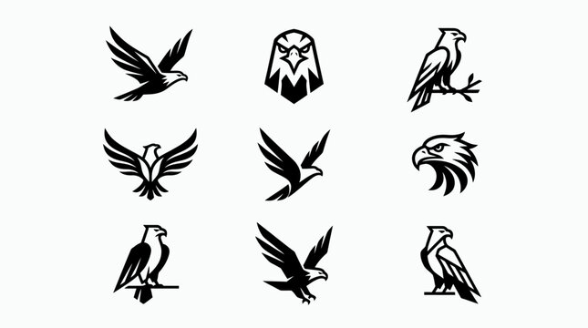 Elegant set of vector eagle graphics, featuring minimalist black and white designs for various branding and symbol needs, perfect for logos and emblems