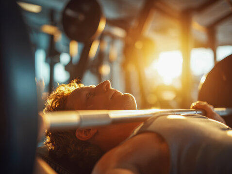 Young man preparing to lift weights on a bench press machine inside gym during golden hour with warm sunlight shining through windows