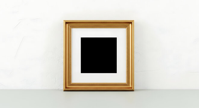 Small square golden frame mockup against plain white wall with interior minimalist decoration frameable