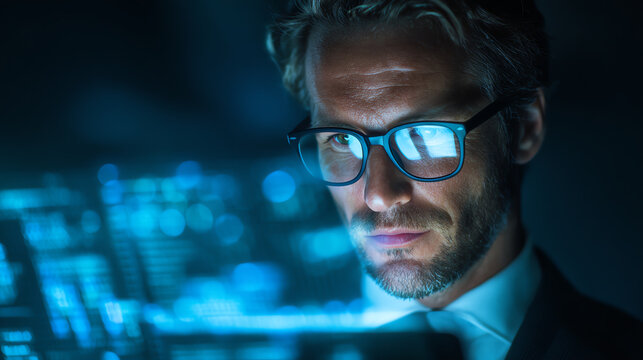 A focused professional analyzing data on a digital interface in a modern office environment.