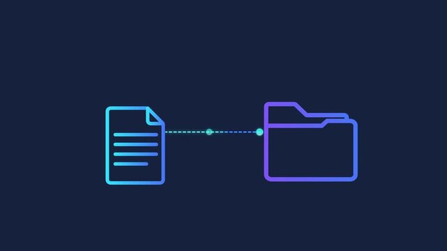 Animated motion graphics showing a document icon connecting to a file folder icon via pulsing dots. Concept of digital organization, file management, and data synchronization on dark blue.