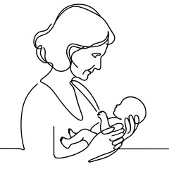 Fototapeta premium Elderly woman rocking baby doll in arms one line illustration