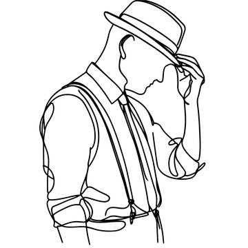 Elderly man with suspenders adjusting hat one line illustration
