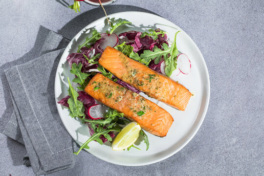 Salmon. Fried salmon steak with red radicchio cabbage, radish and arugula.