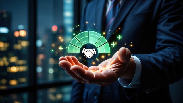 Businessman holding a digital partnership trust level meter with handshake icon. Concept of business collaboration, successful partnership, corporate trust, joint ventures, and mergers.