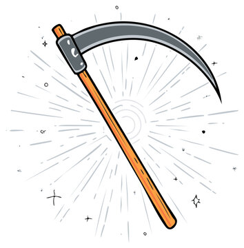 Illustration of a sharp scythe with wooden handle, symbolic of reaping and harvest