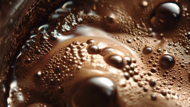 4K Macro closeup of dark coffee foam with bubbles and liquid texture video