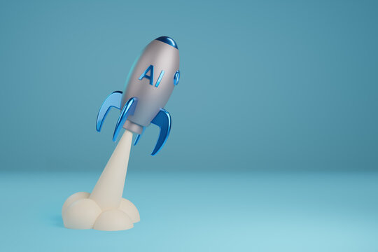 Cartoon spaceship taking off AI text. Artificial intelligence concept. 3d illustration.