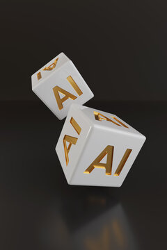 Two dice with golden AI text on dark background. Artificial intelligence concept. 3d illustration.