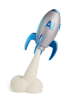 Cartoon spaceship taking off AI text isolated on white background. Artificial intelligence concept. 3d illustration.