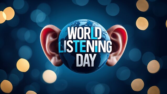 World listening day concept with human ears and globe on blue background