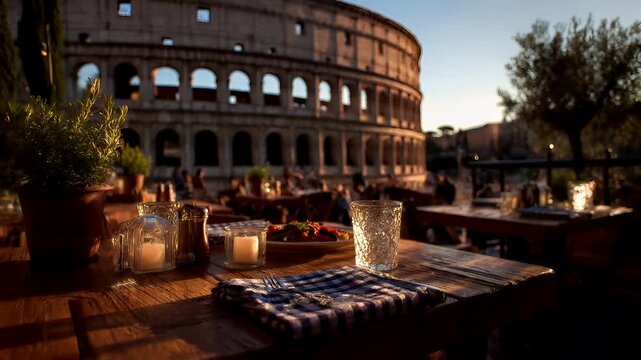 Outdoor caf bar restaurant. A vivid outdoor dining scene features the Colosseum, an ancient Roman amphitheater, bathed in the warm glow of the setting sun.