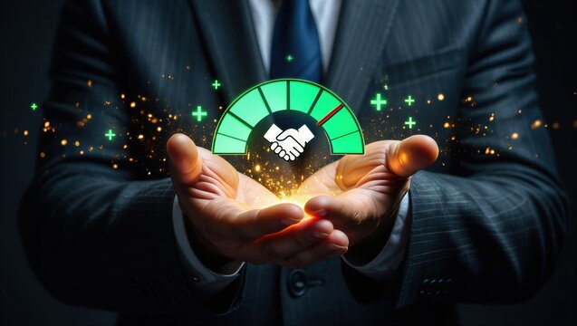 Businessman holding a digital partnership trust level meter with handshake icon. Concept of business collaboration, successful partnership, corporate trust, joint ventures, and mergers.