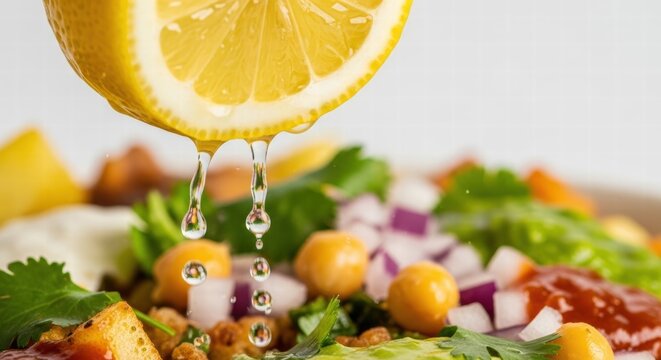 Fresh lemon juice dripping onto a vibrant Indian street food dish