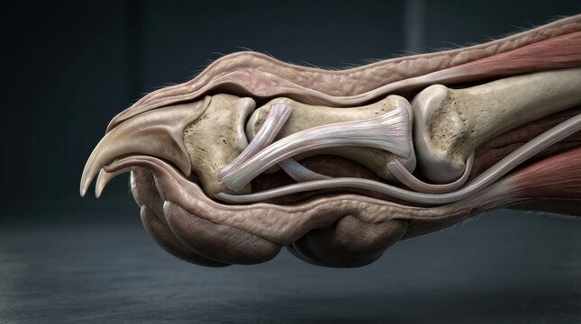 Veterinary educational illustration showing the anatomy of claw retraction in a cat, highlighting muscles and bones involved in the process.