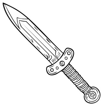 Hand drawn illustration of an ancient Roman gladius sword in black and white outline