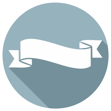 Modern white wavy ribbon banner icon on a soft blue gray circle with long shadow and flat design aesthetic