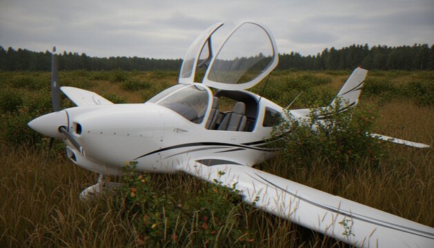 A small private light aircraft landed in a field with its gull-wing doors open, suggesting an emergency landing or an unusual off-airport arrival.