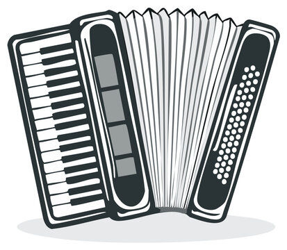 Stylized Accordion Musical Instrument with Keyboard and Bellows in Monochrome Tones
