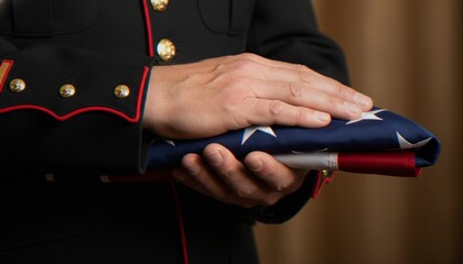 Obraz premium A close-up view of a United States Marine in dress blues holding a folded American flag during a somber military ceremony.
