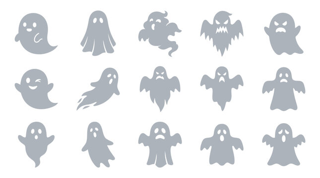 Set of cute and scary Halloween ghosts with various expressions, perfect for spooky designs and decorations.