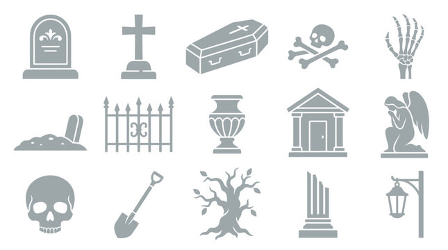 Set of gray funeral and burial related icons including tombstone, cross, coffin, skull, and cemetery elements.