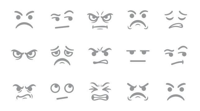 Set of various angry, sad, and frustrated facial expressions in gray tones on a white background, depicting negative emotions and moods.