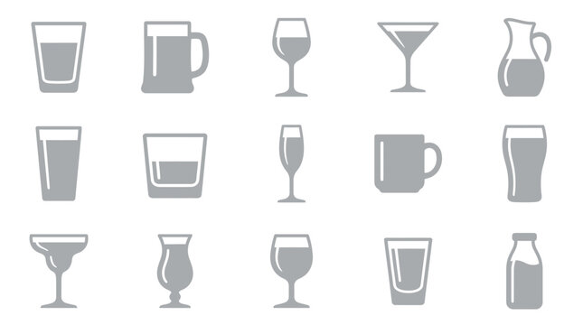 Collection of various drinkware icons, including glasses, mugs, and pitchers, in a simple gray vector style.