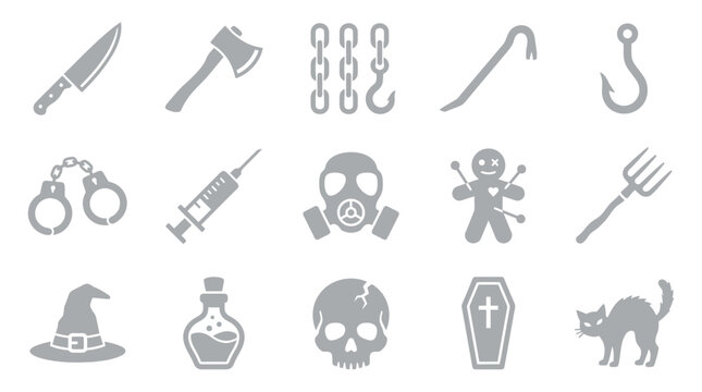Set of grey Halloween and horror-themed icons including weapons, tools, and spooky symbols on a white background.